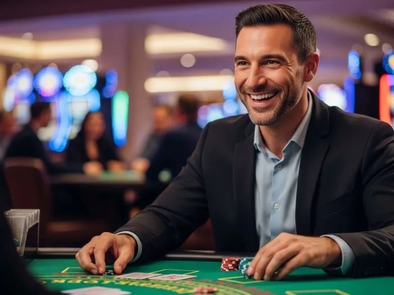 Man smiling while playing at a casino table with chips in front of him, enjoying his experience at Tamabet Casino.