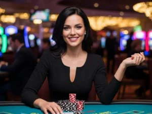 Woman happily sitting at a casino table with chips, enjoying her game at Tamabet Casino.