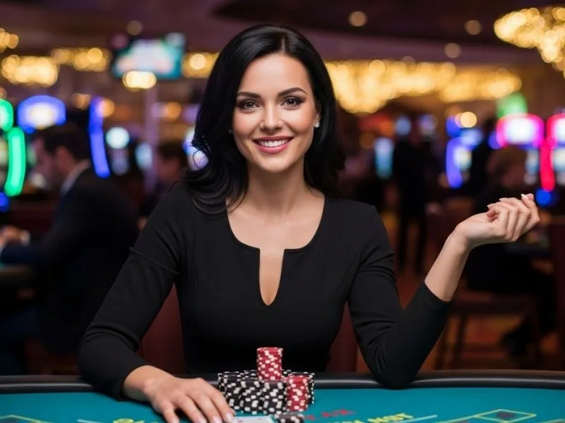Woman happily sitting at a casino table with chips, enjoying her game at Tamabet Casino.