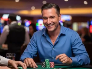 Happy man playing at a casino table with chips in front of him at Vabank Casino.