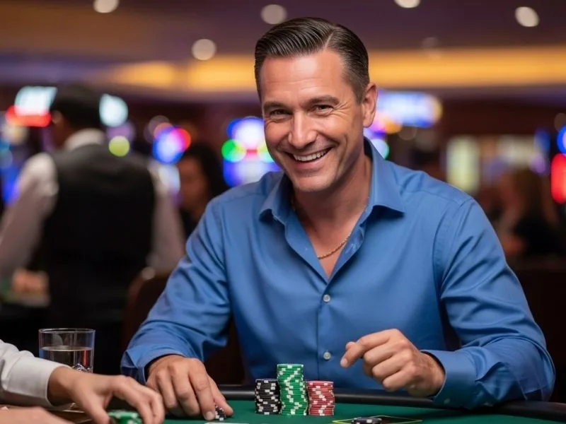 Happy man playing at a casino table with chips in front of him at Vabank Casino.
