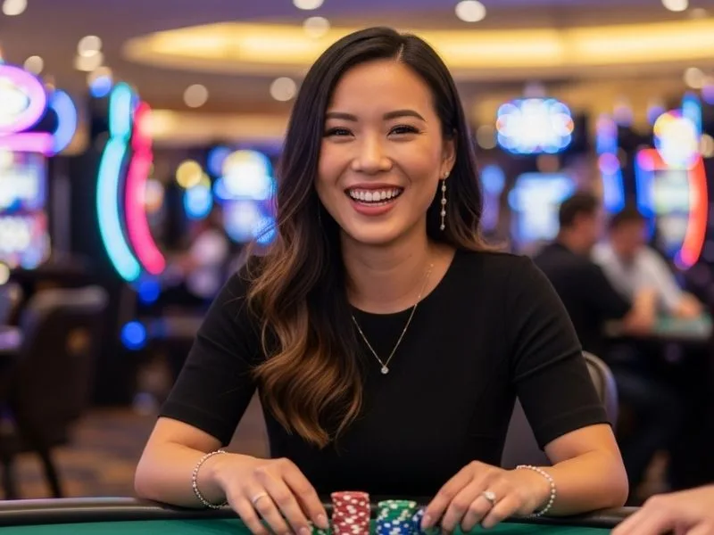 Happy woman smiling with poker chips on a casino table at Vabank Casino