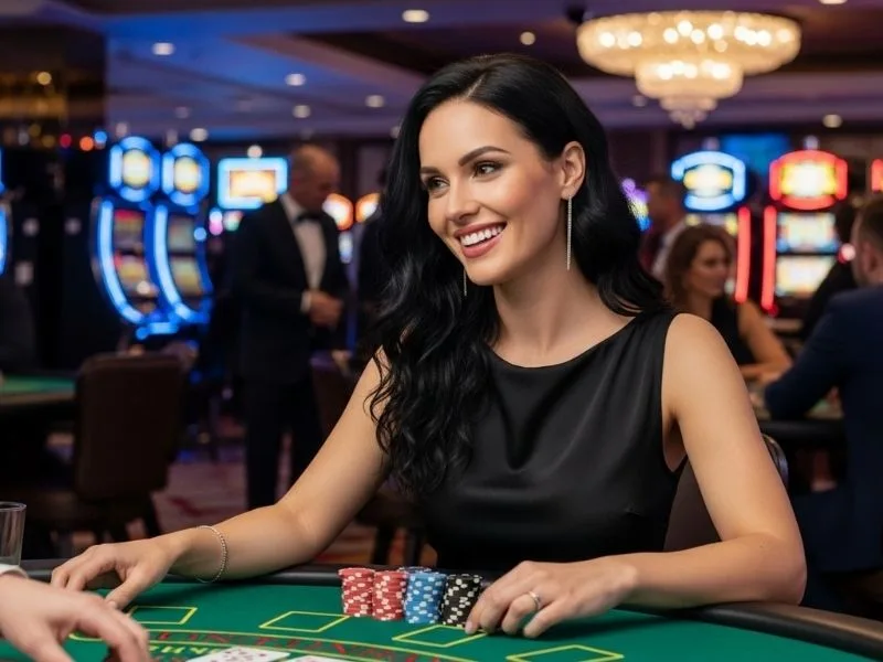 Happy woman playing at a casino table with a large stack of chips, enjoying her winnings at Vabank Casino.
