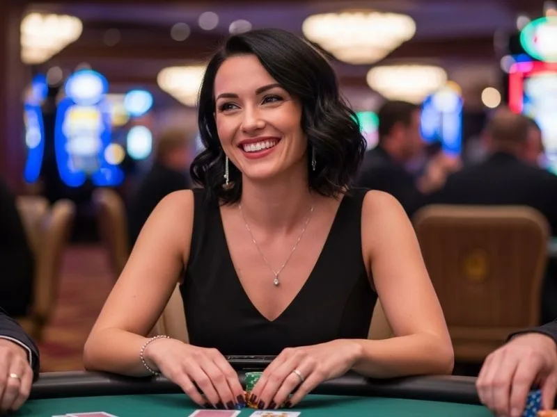 Smiling woman enjoying a poker round at a physical casino, showcasing excitement for Vabank Casino.