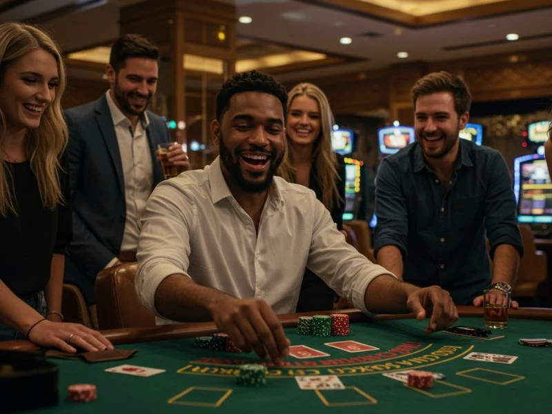 Happy circle of friends enjoying betting together at 18JL Casino.