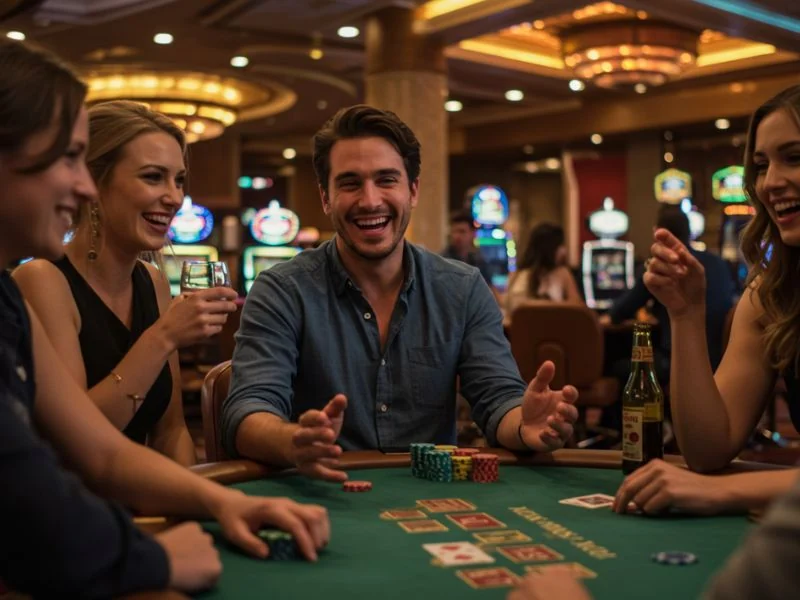 Happy man surrounded by friends enjoying a lively betting session at 18JL Casino.