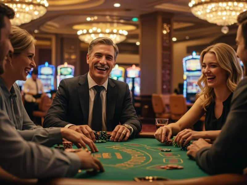 Business friends enjoying a casino gaming session together at 500JL Casino.