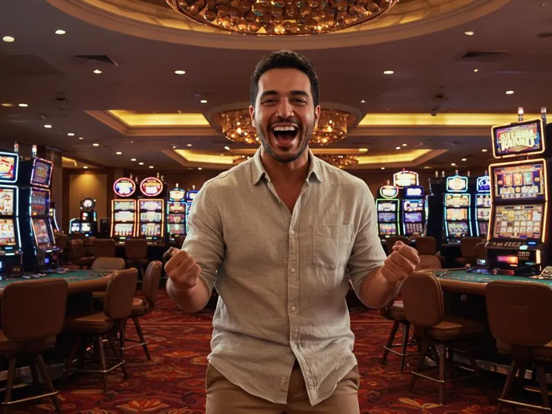 Happy man cheering after winning a game at 500JL Casino.