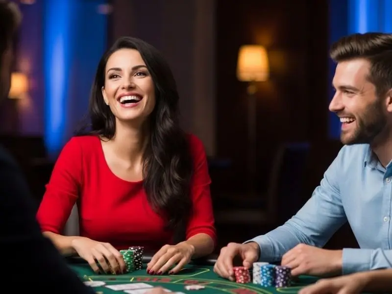 Friends smiling and laughing during a poker game on the 6s app casino login