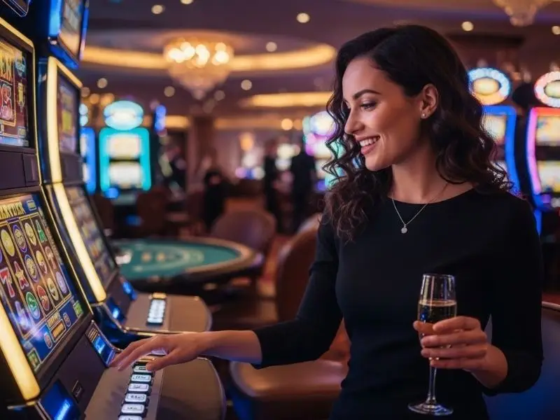 Lady smiling while playing slot games on mobile using the 6s App Casino Login