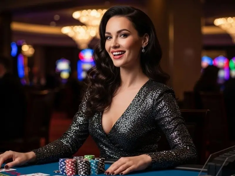 Woman enjoying her turn in a poker game using the 6s App Casino login on her device