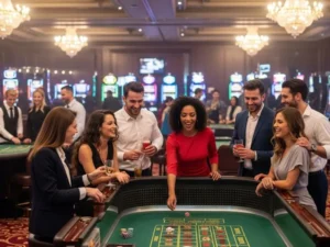 Group of friends gathered around a blackjack table at Casino Street