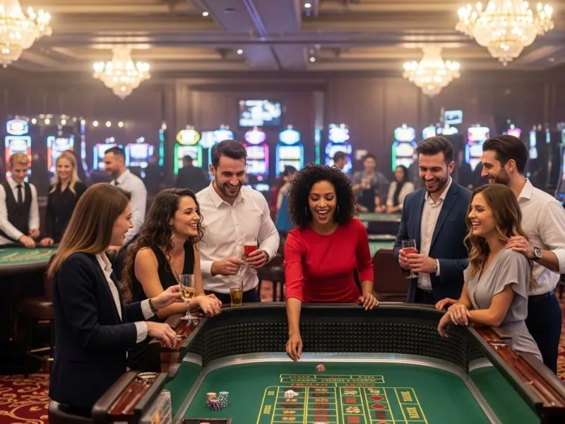 Group of friends gathered around a blackjack table at Casino Street