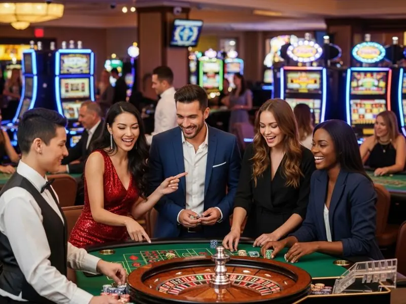 Group of friends gathered around a blackjack table at Casino Street