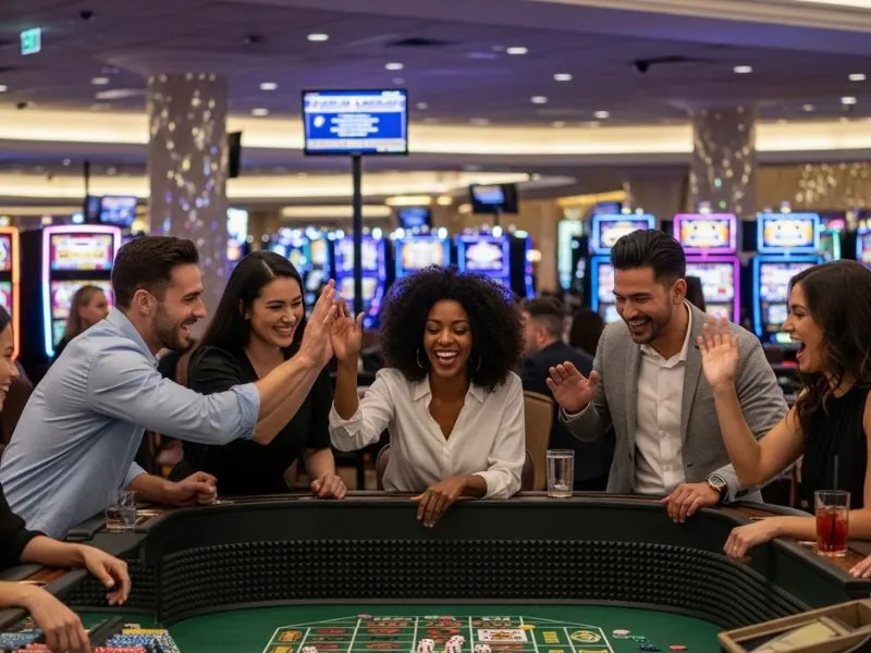 Group of friends gathered around a blackjack table at Golden Dragon Casino