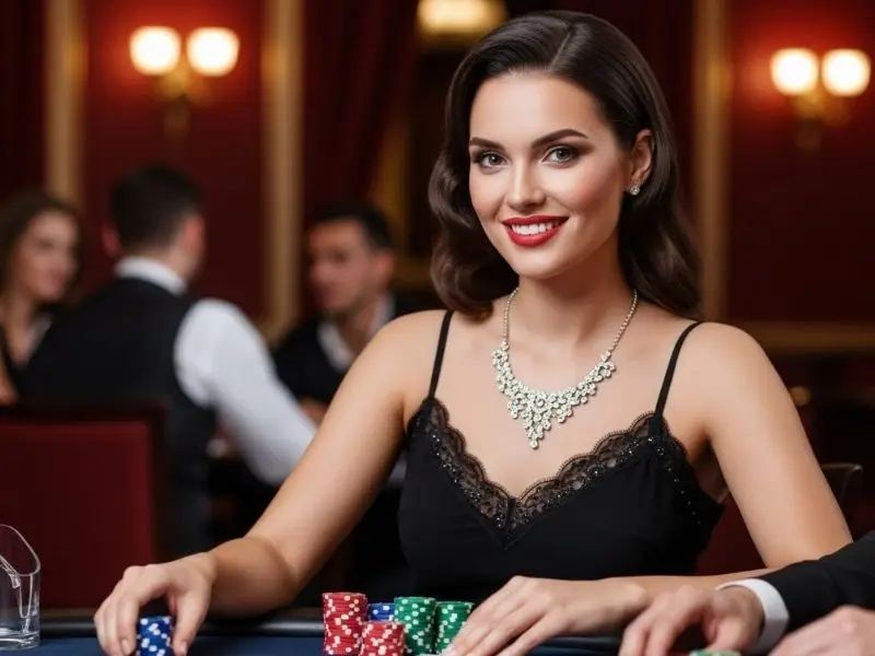 Elegant lady placing bets on a poker table at the Happy 777 Online Casino