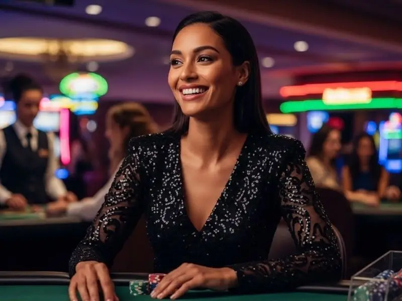 Happy woman enjoying a game at the poker table at the Happy 777 Online Casino