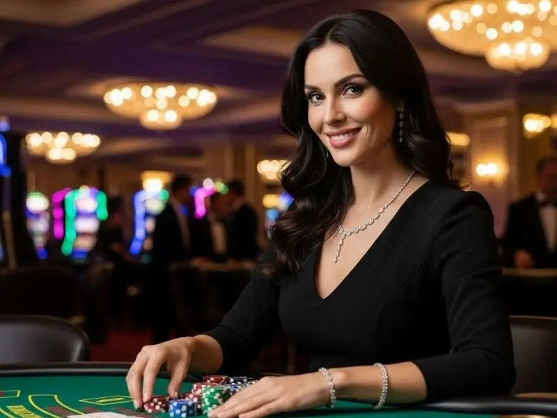 Lady playing baccarat at an online casino during lol646 casino login, enjoying a realistic live casino gaming experience