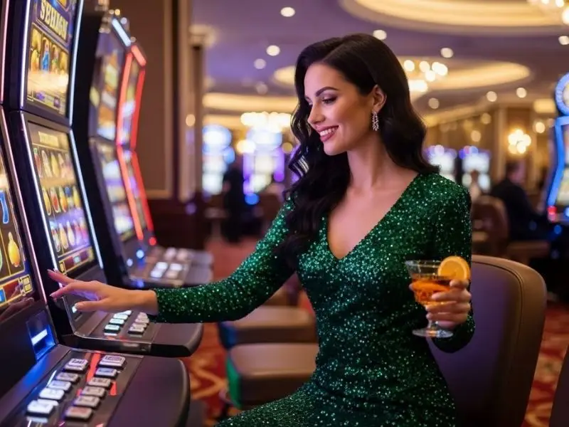 Woman happily pressing slot machine button at a casino, showcasing excitement with the lol646 casino login.