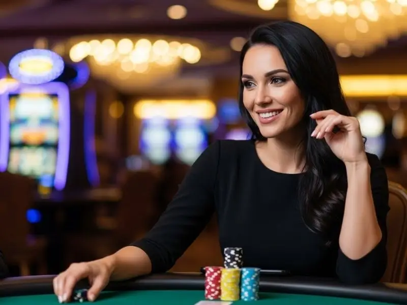 Smiling woman placing bets during a poker round after completing the lol646 casino login