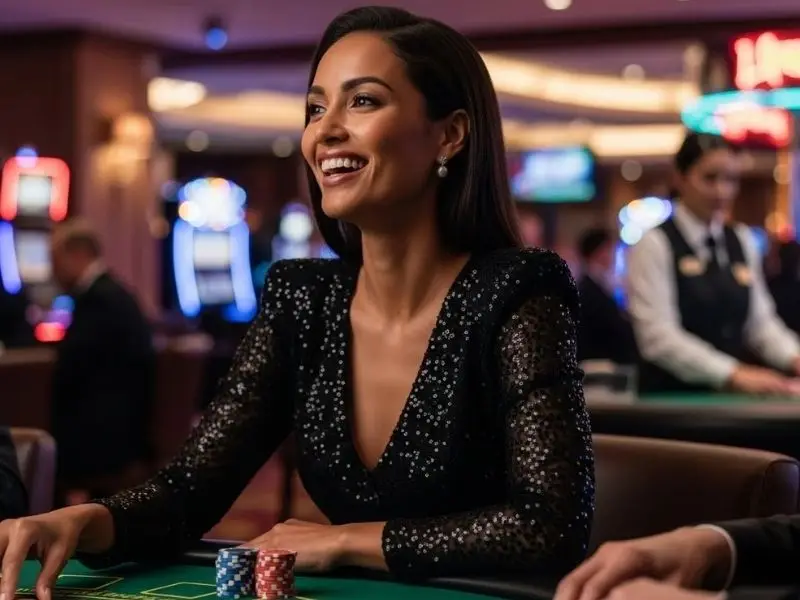 Happy lady sitting at a poker table while enjoying pacquiao online gaming on a digital casino platform