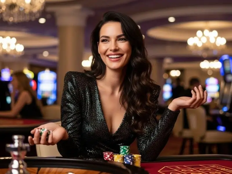 Pacquiao online gaming player smiling while holding betting chips beside a roulette table in an online casino setting
