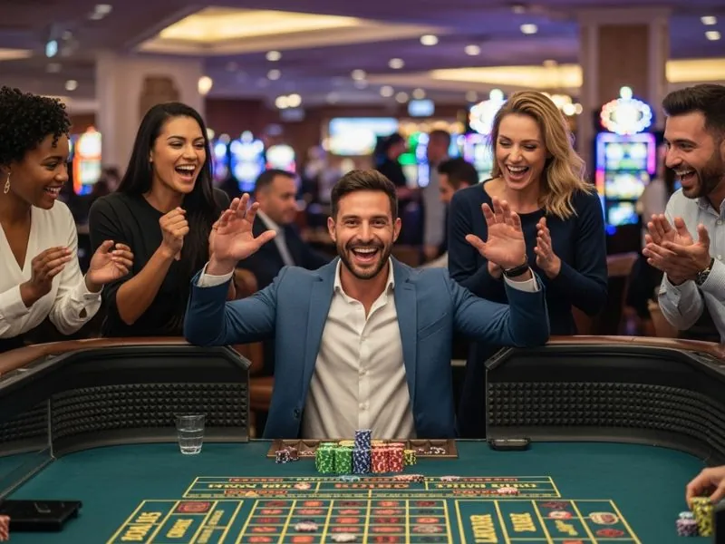 Man raising his hand in excitement after winning a jackpot using PH11 Casino Login.