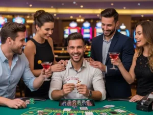 Player smiling confidently while flipping poker cards after logging in to PH11 Casino Login.