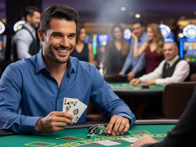 Happy player laughing while bluffing during a card game at PHJOY Casino.