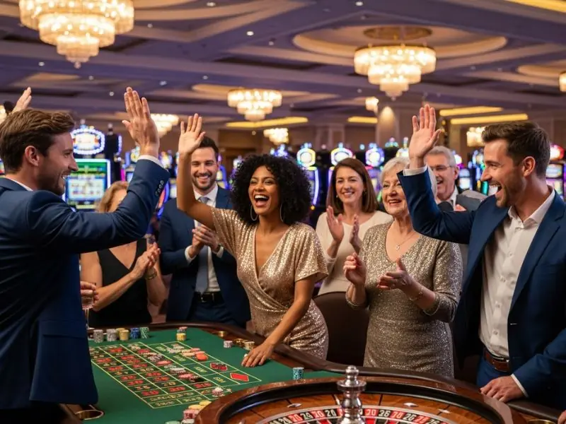 Players cheering loudly around the roulette wheel at PHJOY Casino.