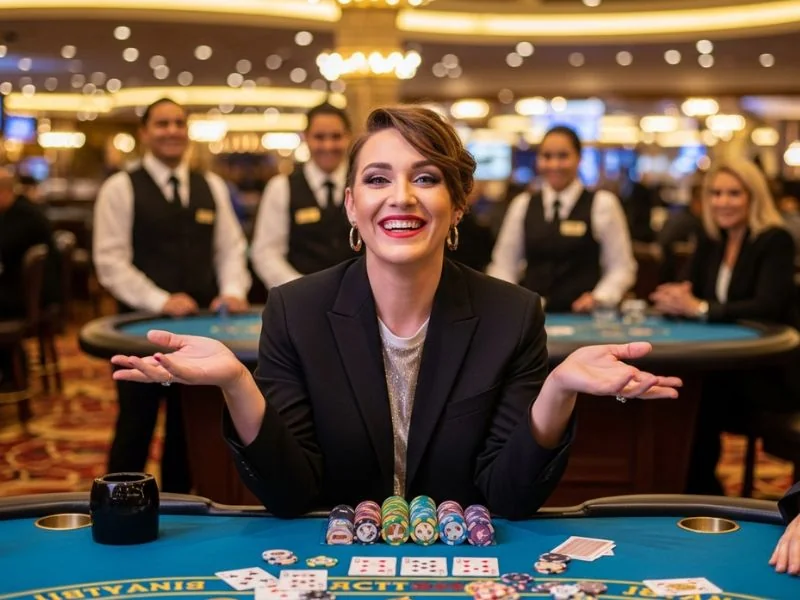 Player with a beaming face celebrating while golden coins appear after using Rich9 Casino Login.