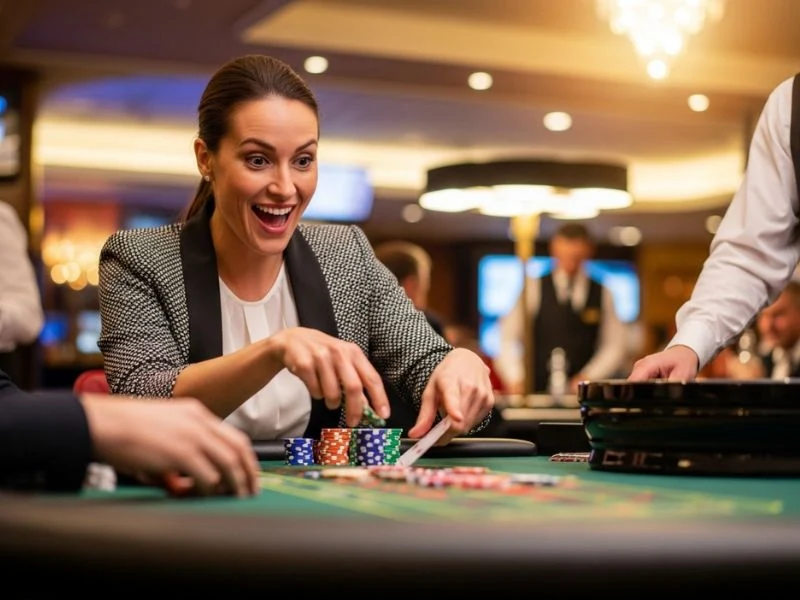 Confident player collecting chips from the dealer after a win at Rich9 Casino Login.