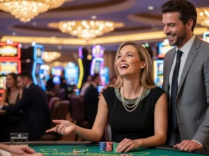 Player teaching a friend how to play a new game at Rich9 Casino Login.