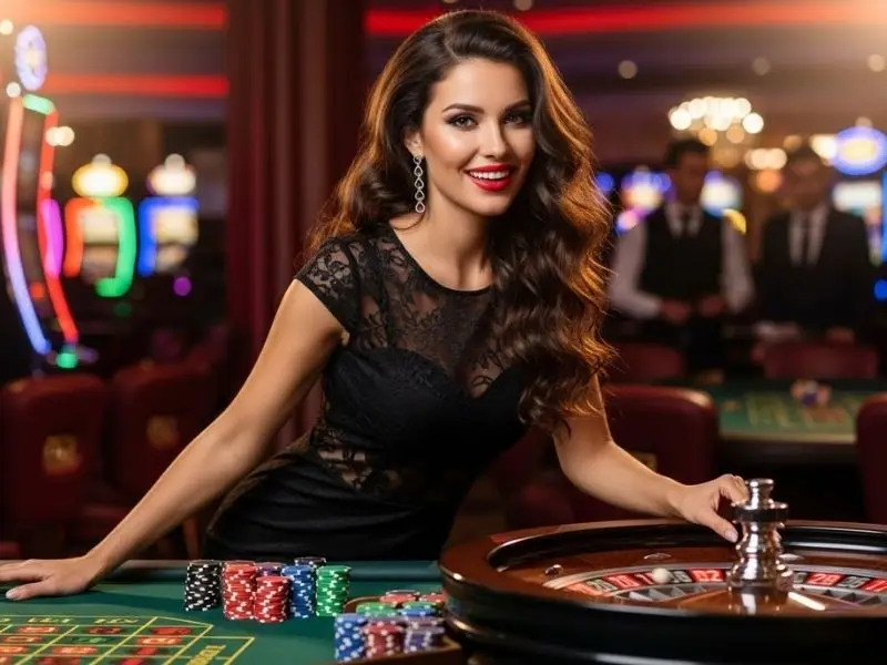 Woman enjoying a roulette spin while playing at the rich9 online casino