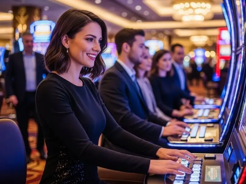 Woman enjoying slot machine gameplay at the rich9 online casino using a modern digital gaming platform