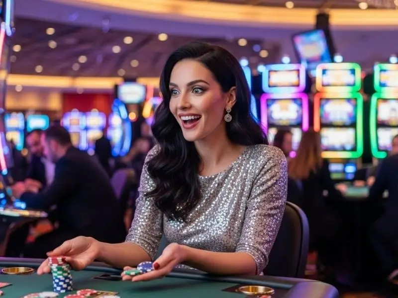 Woman happily collecting casino chips while playing at the rich9 online casino