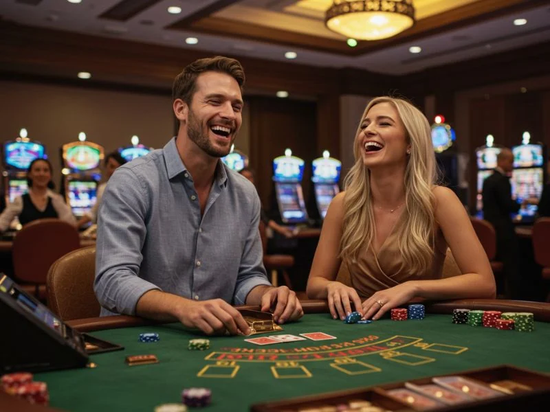 Happy couple enjoying a casino game together while playing at S5 Casino Free.