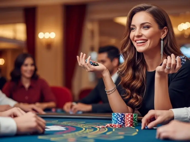 Lady happily playing table games with friends at SM777 Casino after sm777 casino login