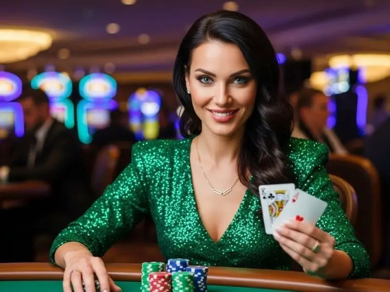 Smiling woman holding high poker cards representing the SM777 Casino login register experience.