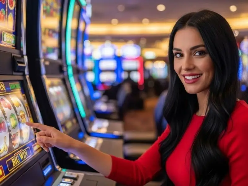 Woman smiling after winning on a slot machine at SM777 Casino login