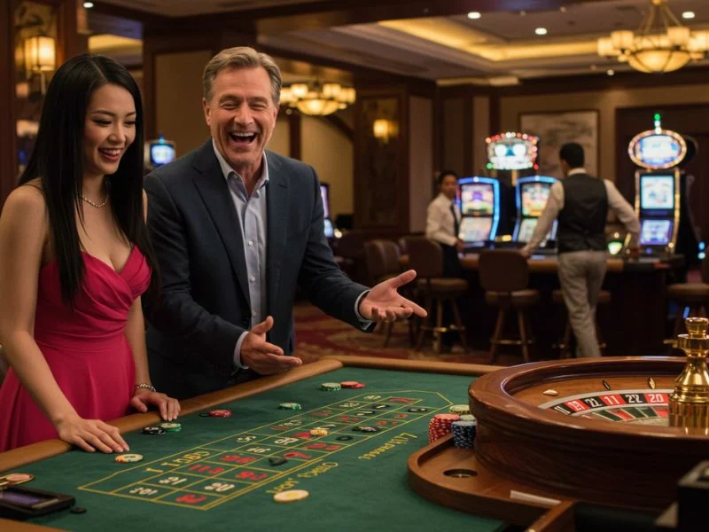 Happy dad enjoying a fun moment while teaching his lovely daughter at Solowin Casino.