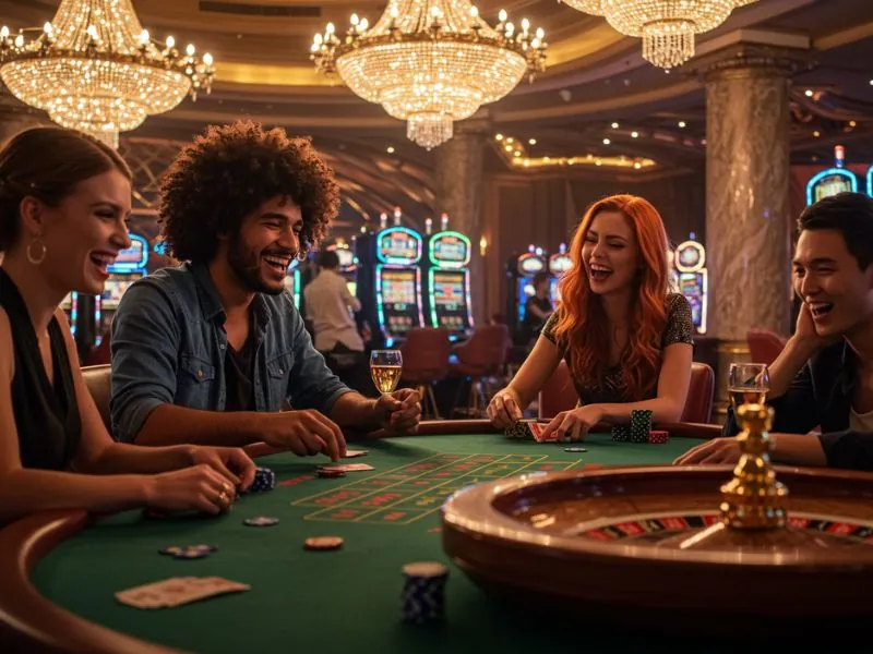 Happy group of friends celebrating and enjoying a winning moment together at Solowin Casino.