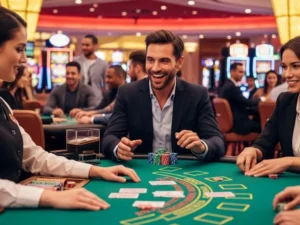 Confident player collecting chips from the dealer at sw888 casino during an online casino game