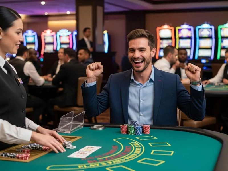 Man raising his hand in excitement after winning the jackpot at sw888 casino