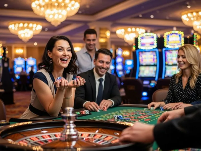 Woman holding a stack of casino chips at sw888 casino, smiling confidently