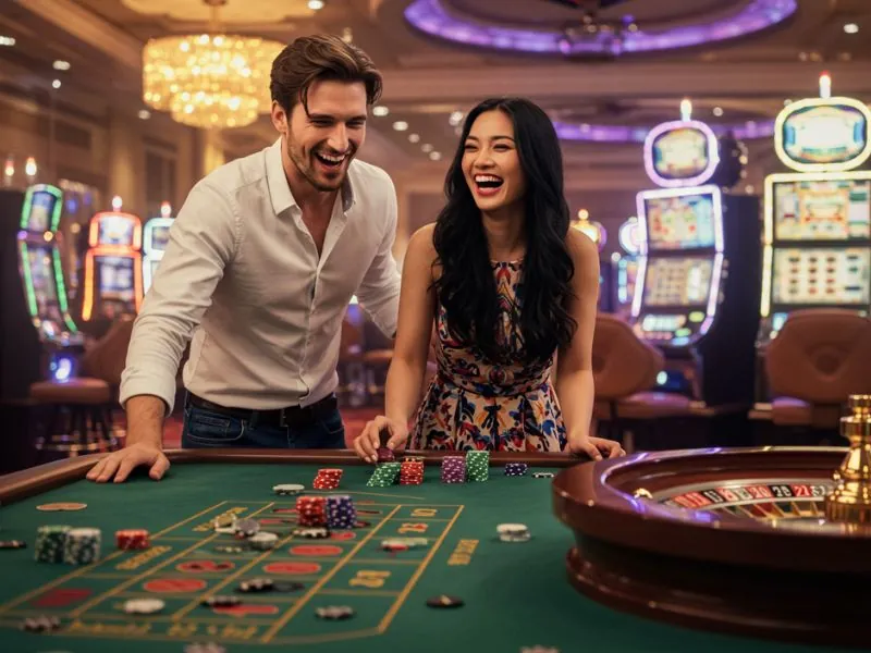 Happily newly married couple enjoying a fun casino moment together at Tala Casino.