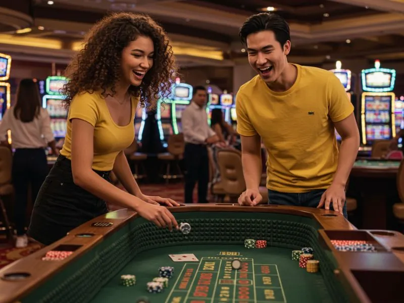 Happy couple enjoying a fun casino gaming moment together at Tala Casino.