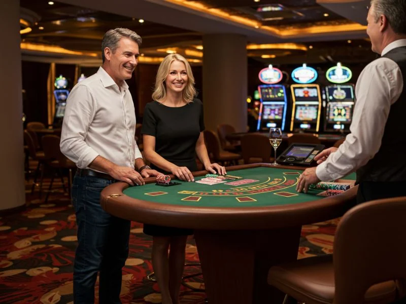 Happy couple enjoying playing casino games together at Tala Casino.