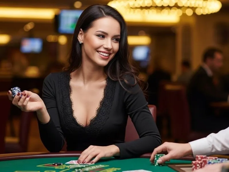 55x casino lady happily playing poker in a vibrant casino setting