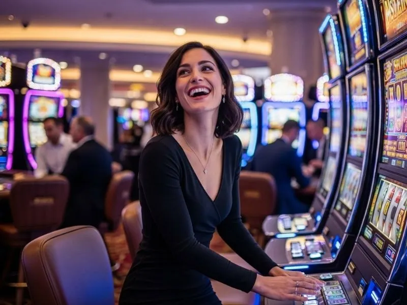 55x casino lady smiling happily after winning on slot machine